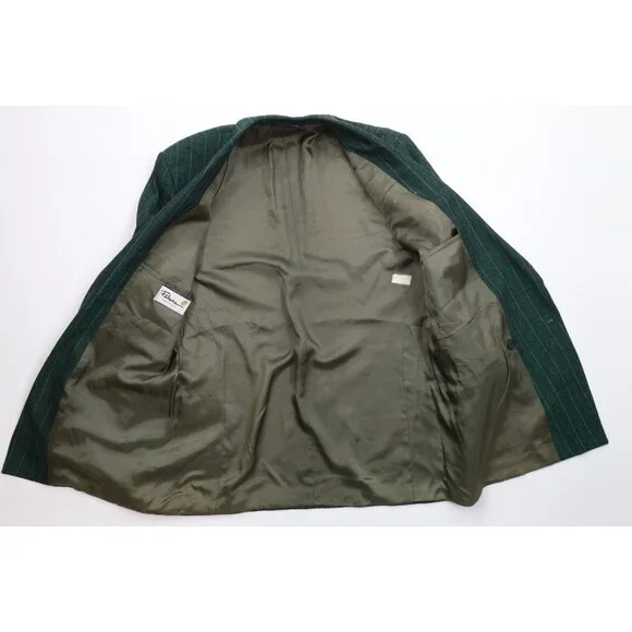 Vtg 70s 80s Mens 44L 2 Piece Wool Striped Double Breasted Suit Green 34x32 USA - Picture 7 of 16